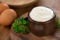 Mayonnaise. Homemade healthy mayonnaise sauce, soft cream. Healthy food ingredients