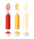 Mayonnaise, mustard, tomato ketchup. Vector illustration sauces in bottles and bowls, with splashes and drops. Cartoon
