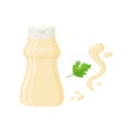 Mayonnaise sauce, bottle mayo dressing and twig parsley, condiment packaging template. Cartoon food