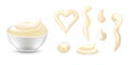 Mayonnaise sauce in bowl, dips and drips set. Round plate with mayo vector illustration. Portions of different shapes of