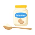 Mayonnaise sauce in a glass jar with quail eggs on the label. Mayonnaise in a wooden spoon. Greasy food, sauce. Flat