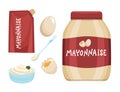 Mayonnaise sauce. Mayo sauce bottle, bowl, spoon, splash, eggs . Set of food icons . Glass bottle of mayonnaise, vector