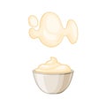 Mayonnaise in small round bowl on a white isolated background. Creamy sauce stain. Side view. Vector set in the cartoon Royalty Free Stock Photo