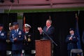 Mayor Bill de Blasio speaking at veterans Day Parade in Manhattan, NYC Royalty Free Stock Photo