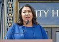 Mayor London Breed speaking at a Press conf in San Francisco, CA