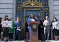 Mayor London Breed speaking at a press conf to mark the 10 yr anniversary of the launch of Vision Zero and street safety