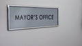 Mayor office door, municipal government official, city authorities, decisions