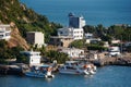 Mazatlan, Mexico - November 8, 2022 - The distance view of the bay, boats and buildings on a sunny day