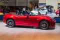 Mazda MX-5 soft top sports car model shown at the Autosalon 2020 Motor Show. Brussels, Belgium - January 9, 2020