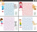 maze activities set with cartoon children ant their pets Royalty Free Stock Photo