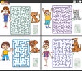 maze activities set with cartoon children and their pets Royalty Free Stock Photo