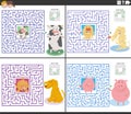 maze activities set with cartoon dogs and farm animals