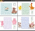 maze activities set with cartoon farm animal characters