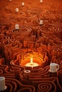 A maze with a candle in the middle of it. Generative AI image.