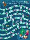 Maze for children. Puzzle game with cute characters. Follow this pattern to help the camper find the tent camp. Vector