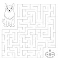 A maze for children with a royal corgi. Cute dog is looking for a crown. Children's educational game, coloring book.