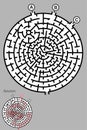 Maze in circular form formed by concentric lines in black and white with three options of entrances and one exit, includes the Royalty Free Stock Photo