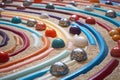 a maze created using marbles of varying colors on a sand backdrop