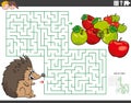 Maze educational game with cartoon hedgehog and apples