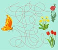 Maze educational game. Find which flower the orange butterfly will go to