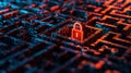 A maze of encrypted symbols and shapes with a padlock at its center alludes to the complexity and security of data Royalty Free Stock Photo