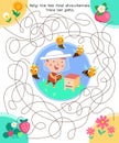 Maze game, activity for children. Cute beekeeper and bees near the beehive. Summer on farm. Vector illustration.