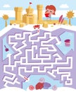 Maze game, activity for children. Vector illustration. Find path for crab. Cute girl builds sand castle on beach in