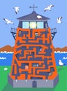 Maze game, activity for children. Vector illustration. Find paths for the lighthouse keeper to climb up to the lantern.