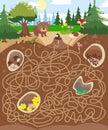 Maze game, activity for children. Vector illustration. Walk along the paths. Forest animals, life underground. Burrows