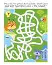 Maze game, activity for kids. Draw all paths for boat. Where does each path lead. Which path is the longest. Vector Royalty Free Stock Photo