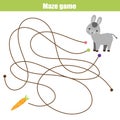 Maze game: animals theme. Help donkey find carrot. Activity for children and kids