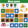 Maze game, animals theme. Kids activity sheet. Logic labyrinth with code navigation. help cat find food