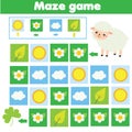 Maze game, animals theme. Kids activity sheet. Logic labyrinth with code navigation. Help sheep find grass