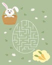 Maze game, bunny rabbit in a wicker basket and carrots. Children\'s educational puzzle. Illustration