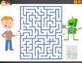 Maze game with cartoon boy and funny toy robot Royalty Free Stock Photo
