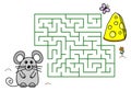 Maze game with cartoon mouse and cheese. Kids education. Color template design with pet on white background. Line vector