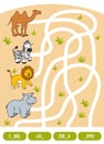 Maze game for children. Camel, Zebra, Lion and Hippo