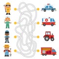 Maze game for children, connect the professional people to their transport. Cartoon sen of characters and cars Royalty Free Stock Photo