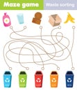 Maze game for children. Connect waste and trash bin. Waste sorting theme activity for toddlers and kids