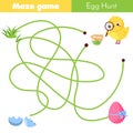 Maze game for children. Easter egg hunt activity. Help chicken find way to egg