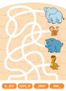 Maze game for children. Giraffe, Elephant, Monkey and Rhino