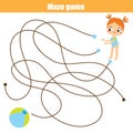 Maze game for children. Help girl find ball. Summer holidays theme activity for kids