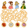 Maze game for children. Little princess and flowers