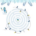 Maze game for christmas homeschooling kids. Circular maze puzzle task. Winter leisure riddle shape, search right path.