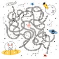 Maze game. Doodle tangled path of rabbit flying in space to alien planet. Funny cartoon hare in spaceship looking for