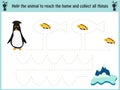 Maze game. Educational children cartoon game for children of preschool age. Help to find the way home to the Arctic penguin and fe