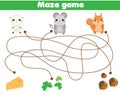 Maze game. Help animals find food. Activity for children and kids