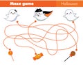 Maze game. Help ghosts find sweets. Halloween Activity for children and kids