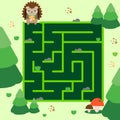 Maze game. Help hedgehog go through forest. Animals theme activity for kids, children