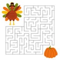 Maze game for kids. Cute pilgrim turkey looking for a way to the pumpkin. Bird animal character wearing a pilgrims hat Royalty Free Stock Photo